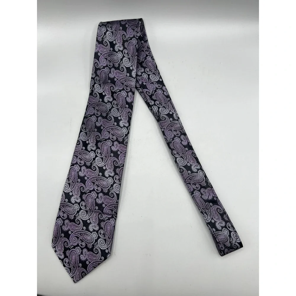 PRONTO UOMO 100% Silk Necktie Paisley Purple‎ Black L:63.25